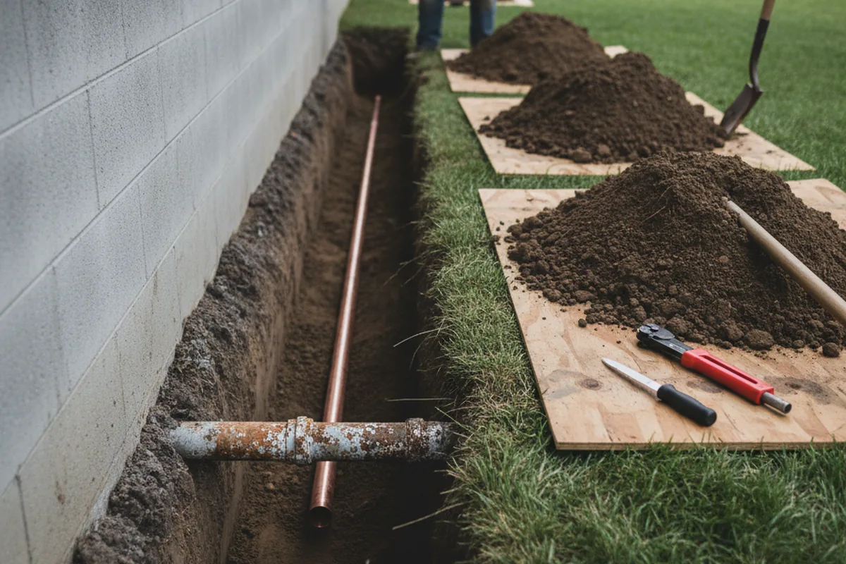 Excavated water line trench during Sewer Line Repair in Harrisonburg